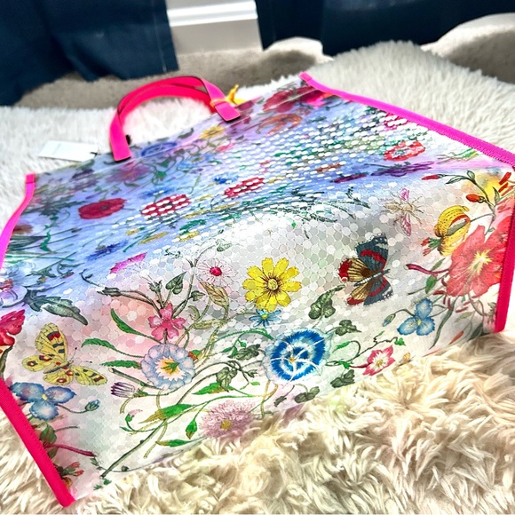 GUCCI Textured Vinyl Flora Printed Tote Bag w/ pink Leather Straps - Picture 9 of 9